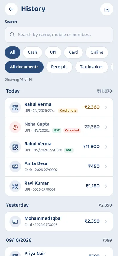 History of bills grouped by day with filters