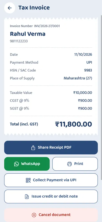 GST tax invoice with CGST and SGST and buttons to issue a credit note or cancel