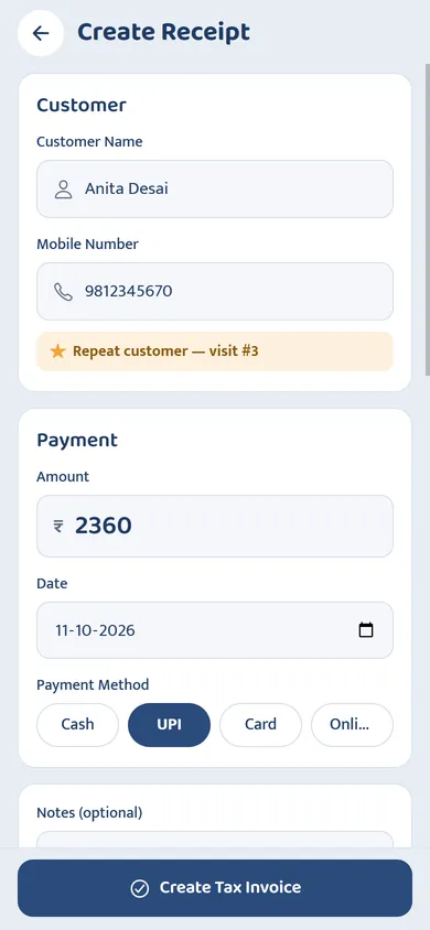 Create receipt form with repeat customer suggestion