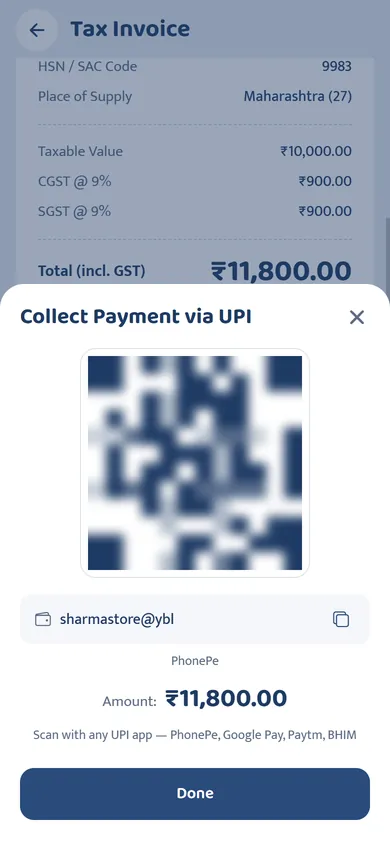 UPI QR for the bill amount (blurred in this picture)